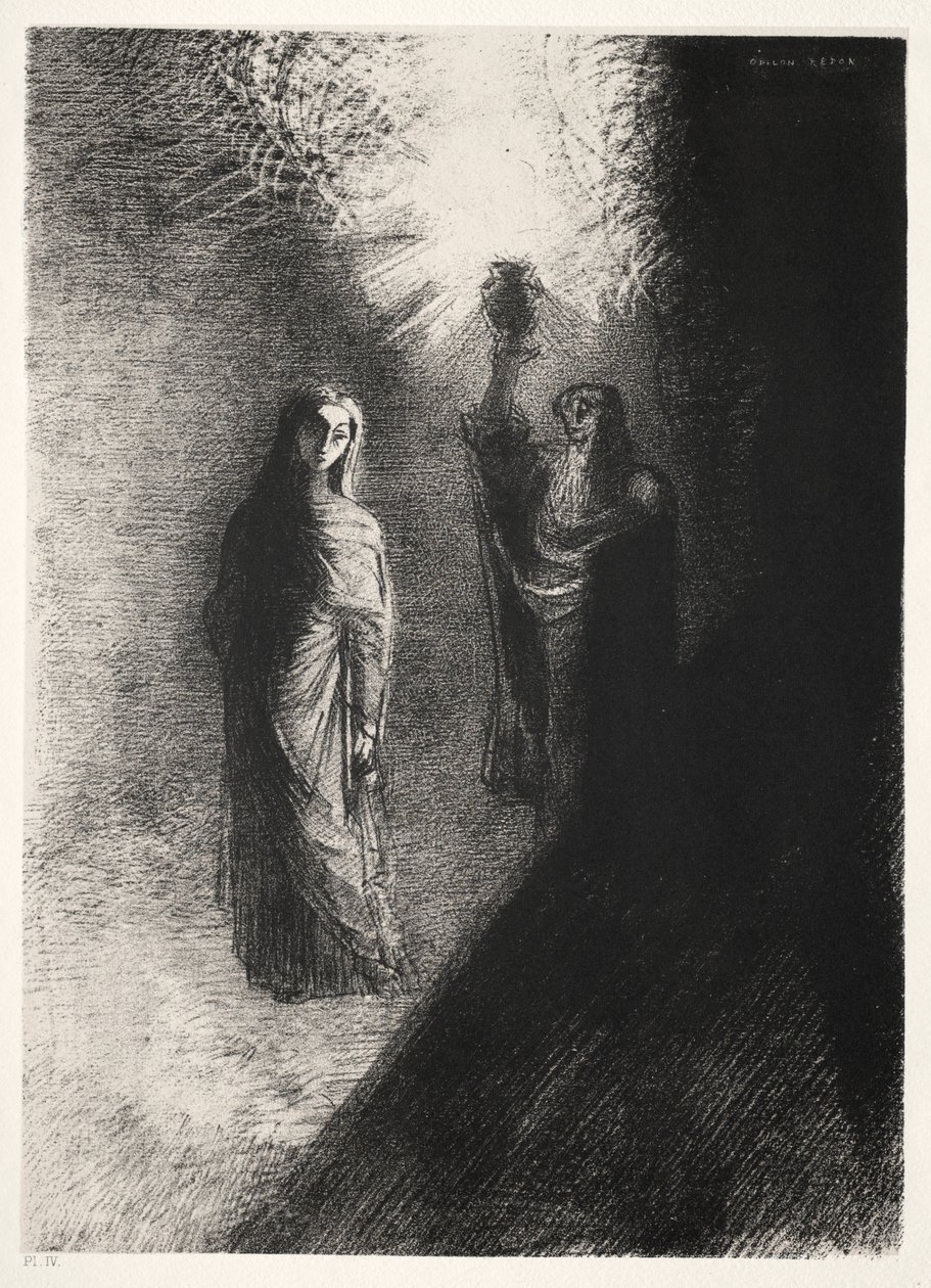 Zvedá bronzovou urnu od Odilon Redon