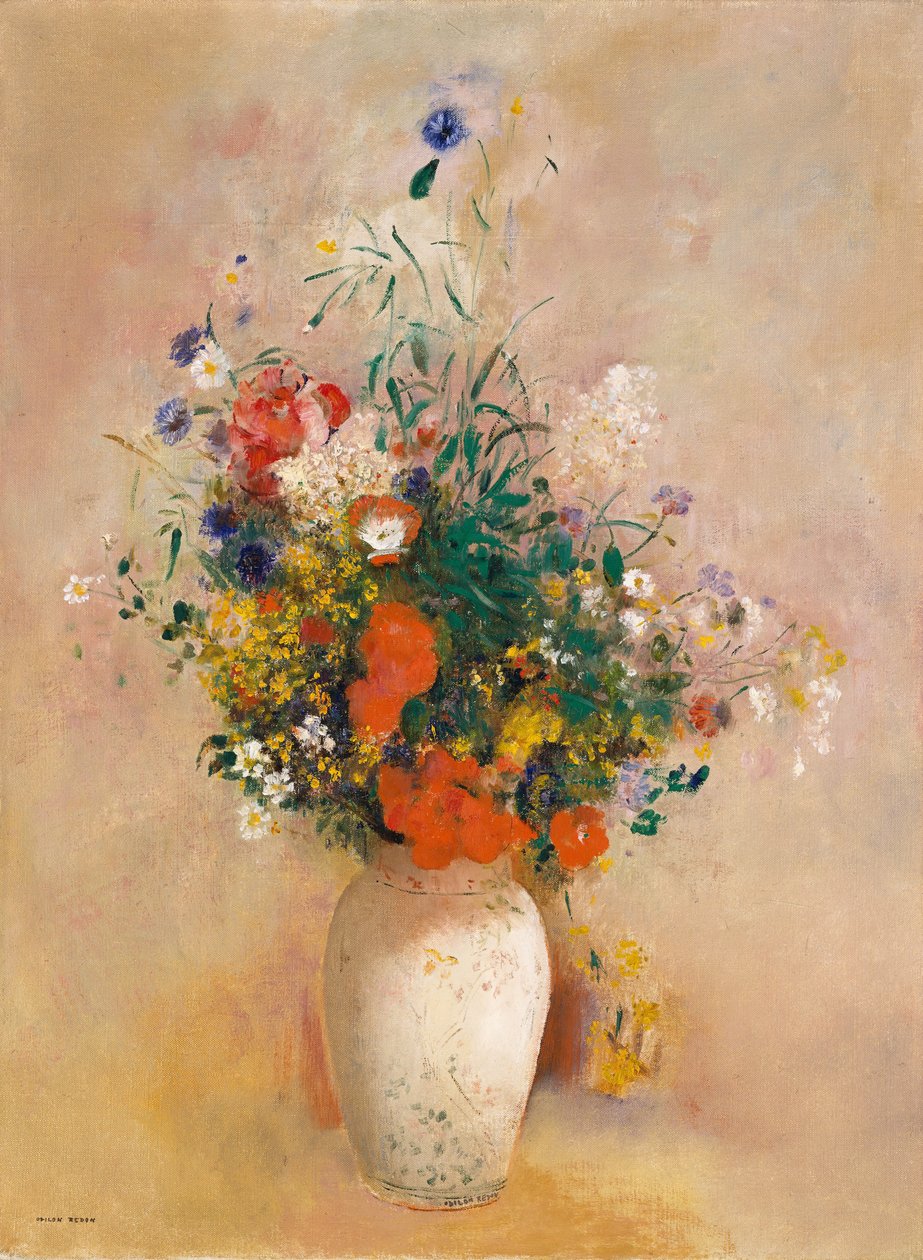 Váza s květinami růžové pozadí, ca. 1906. od Odilon Redon