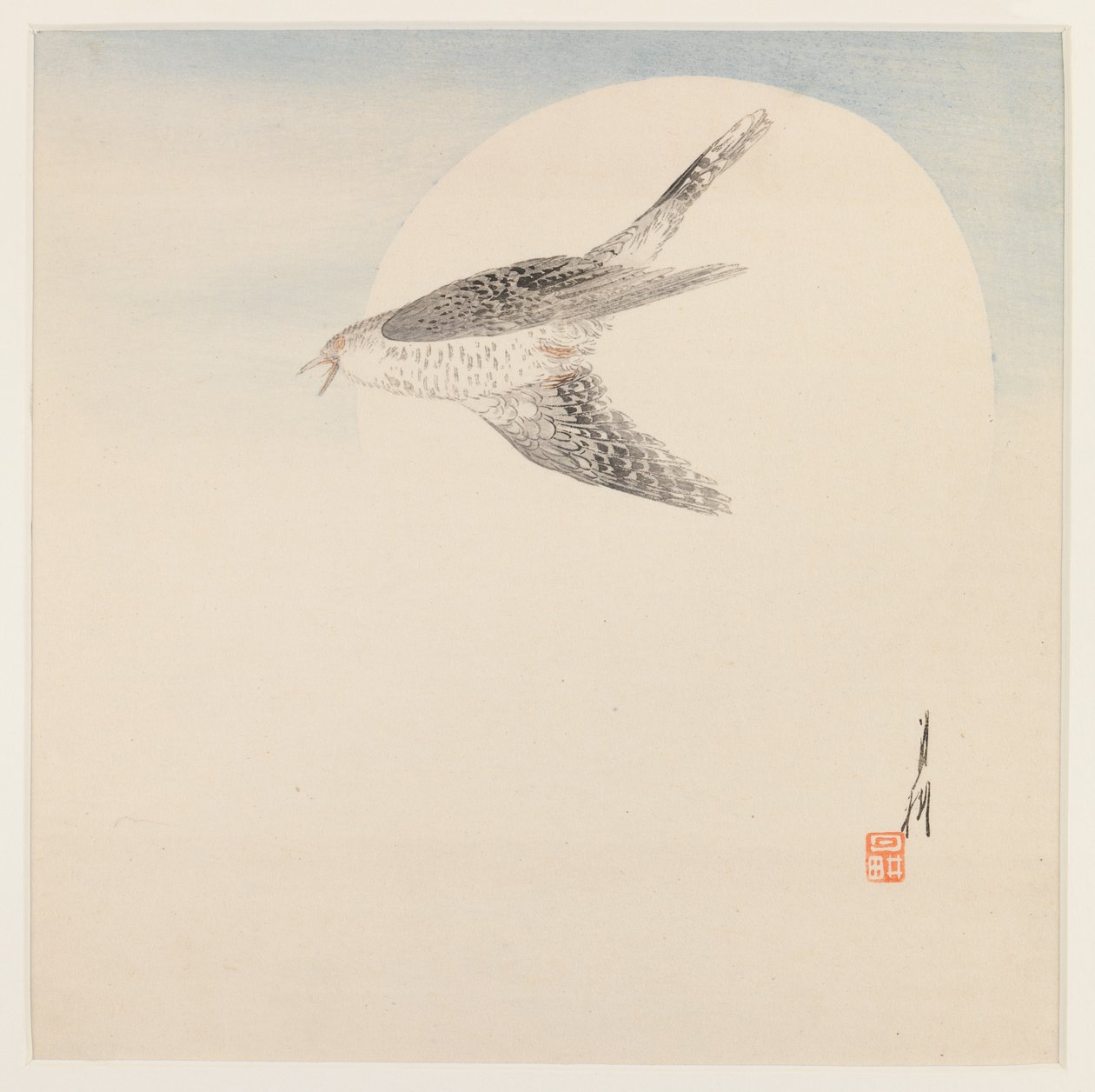 Nightingale Flying by Moon, cca 1890-1910 (barevný tisk ze dřeva) od Ogata Gekko