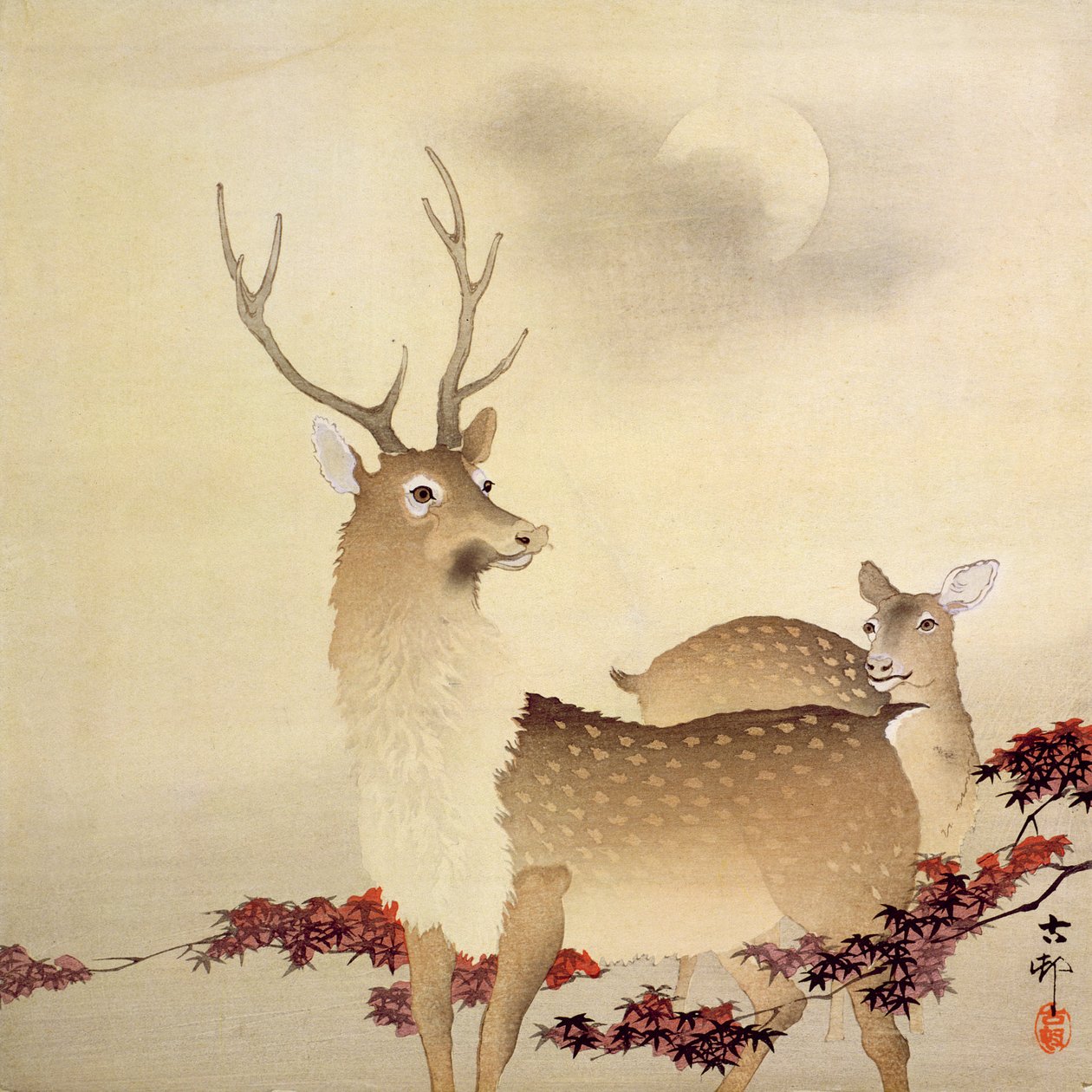 Jelen a jeho mláďata pod měsícem, cca 1930 (barevný dřevořez) od Ohara Koson