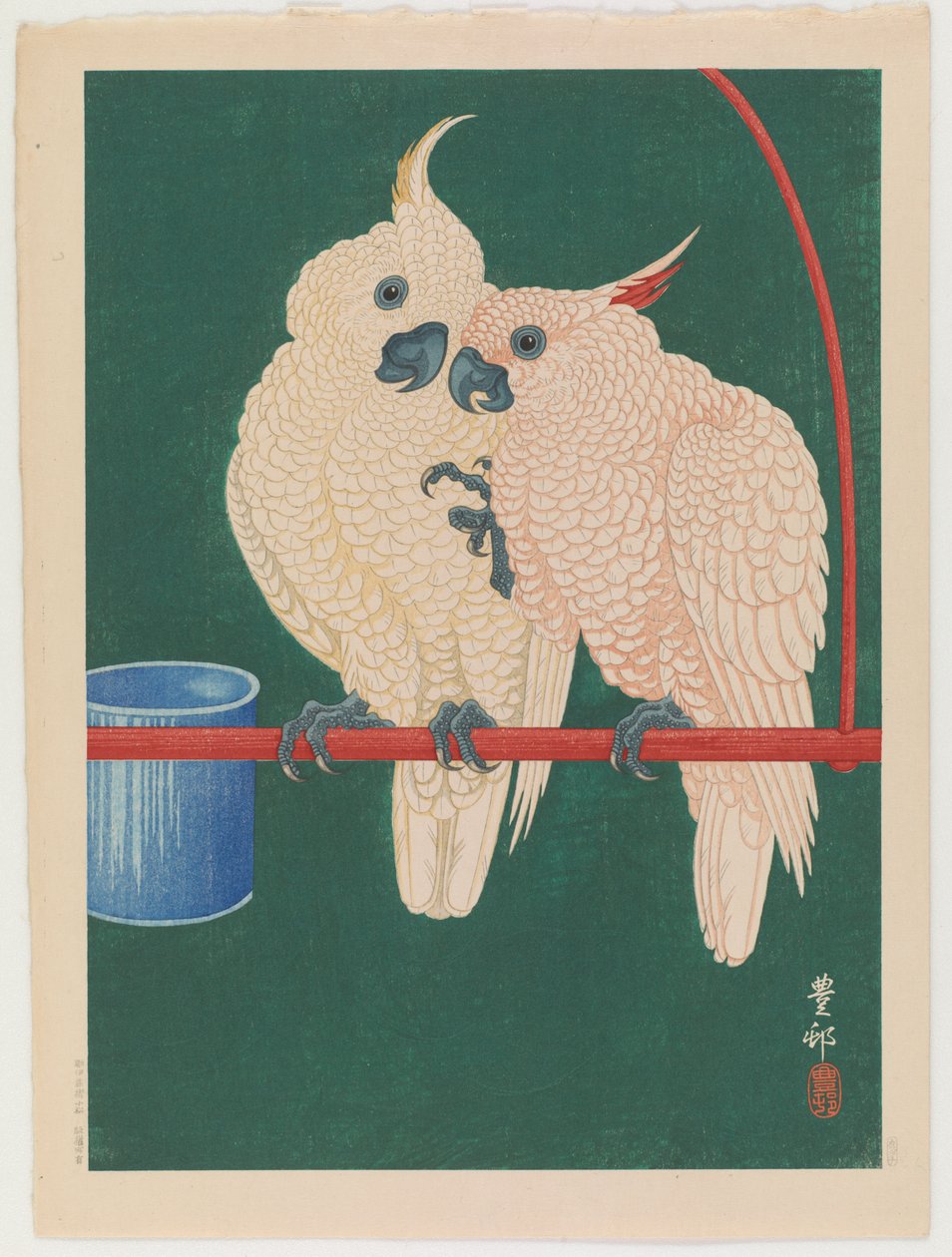 Pár bílých kakaduů, cca 1930 (barevný dřevořez) od Ohara Koson