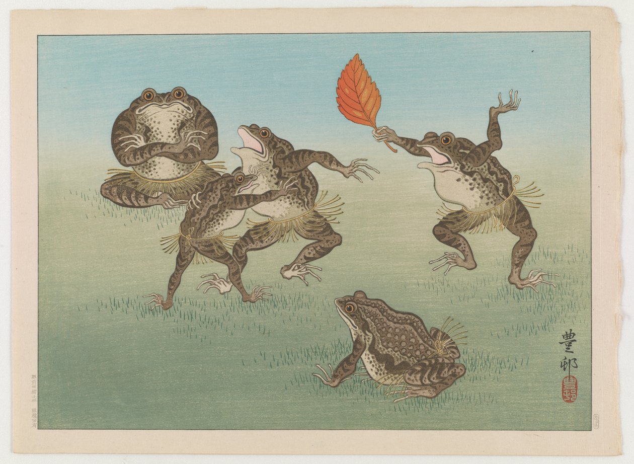 Ropuchy v zápasení sumo, cca 1930 (barevný dřevotisk) od Ohara Koson
