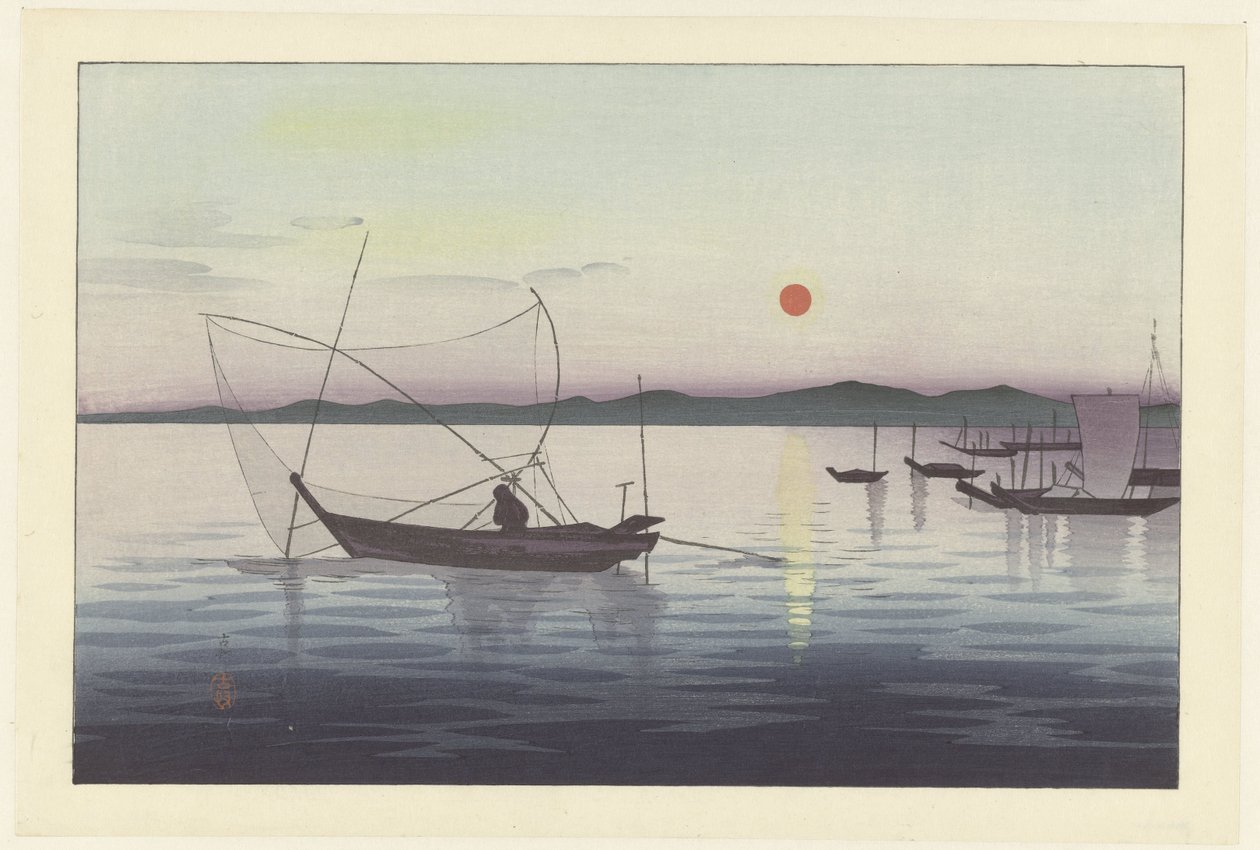 Lodě a zapadající slunce. od Ohara Koson