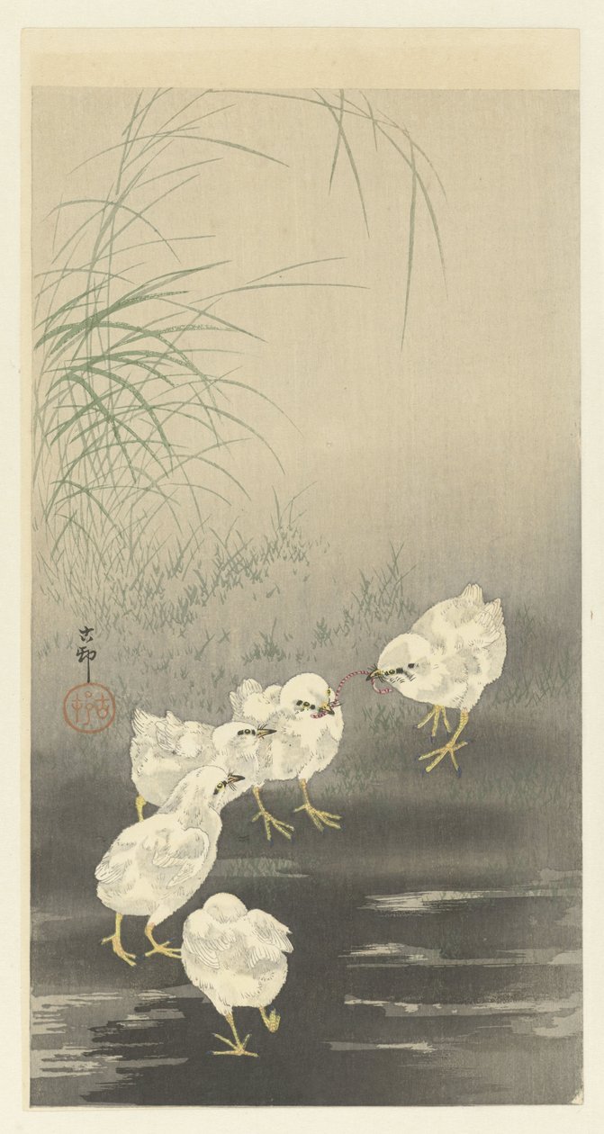 Kuřátka a červ od Ohara Koson