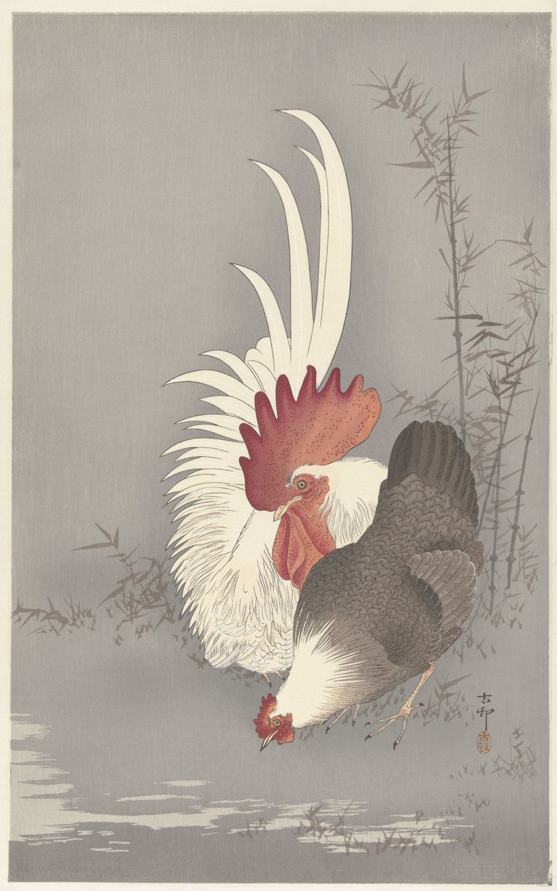 kohout a kuře od Ohara Koson