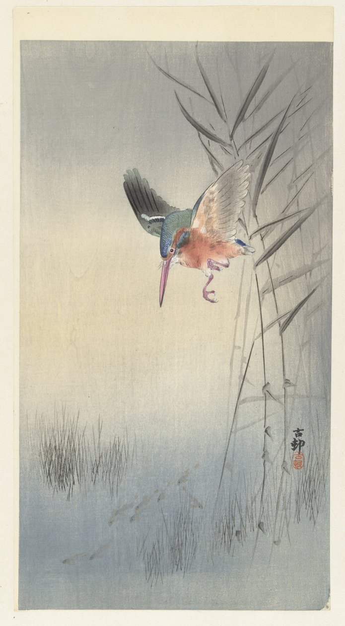 Lov ledňáčka na ryby (barevný dřevoryt) od Ohara Koson