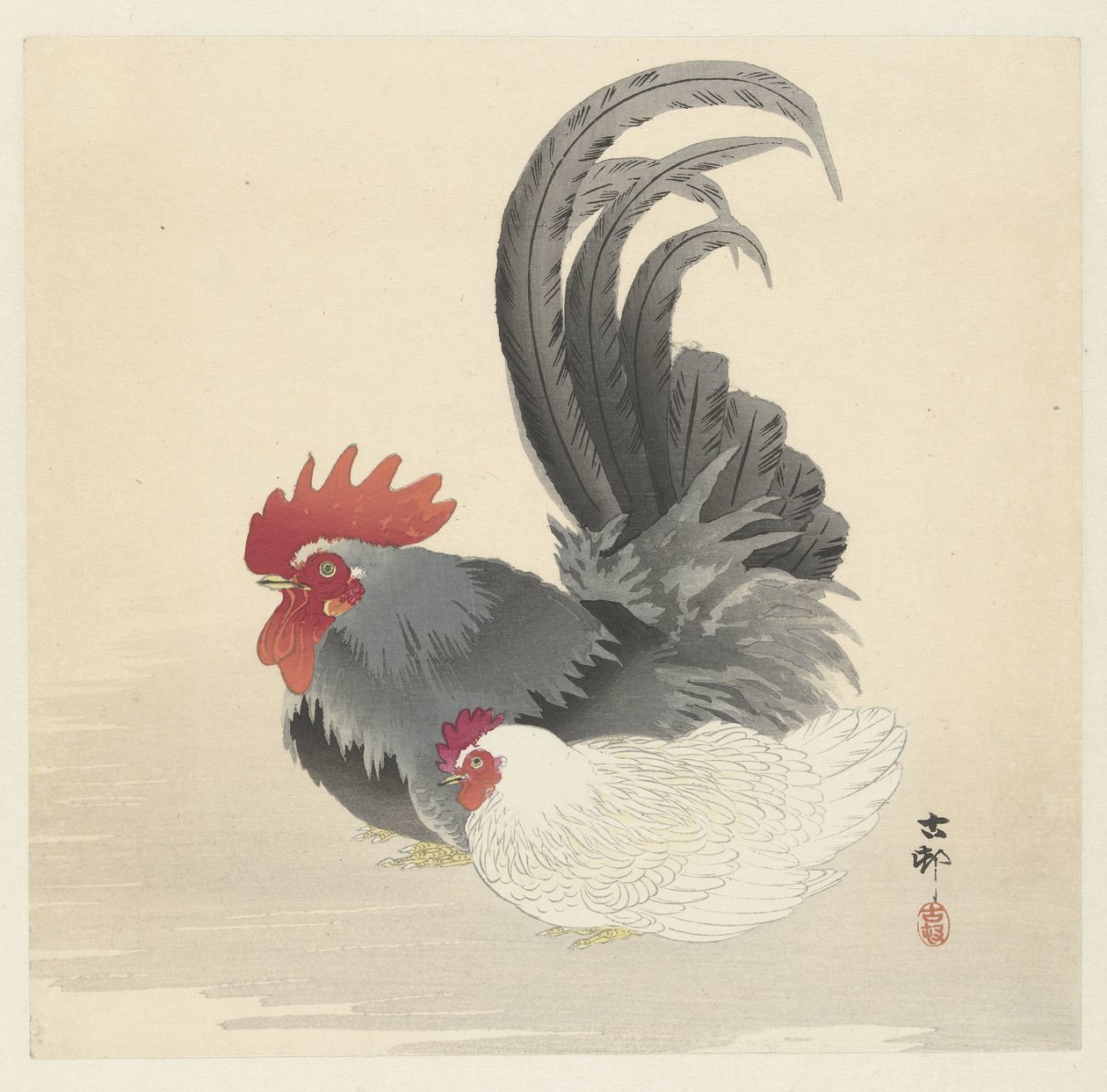Kuře a kohout od Ohara Koson