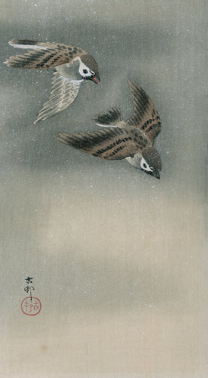 Vrabci v letu (barevný dřevořez) od Ohara Koson