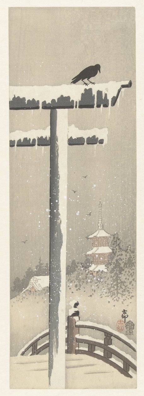 Torii ve sněhu od Ohara Koson