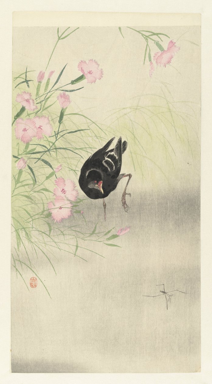 Moorhen na kvetoucí rostlinu od Ohara Koson