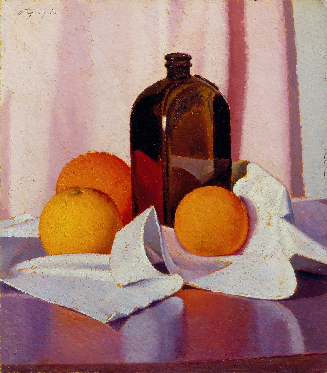 Pomeranče a láhev, asi 1930-40 (olej na kartonu) od Oscar Ghiglia