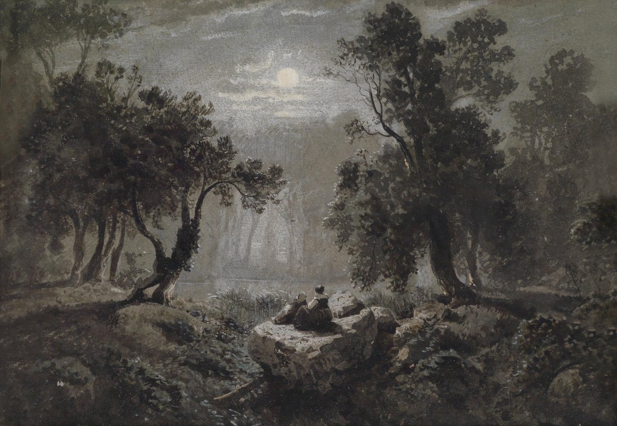 Romantická lesní krajina v měsíčním světle od Oswald Achenbach