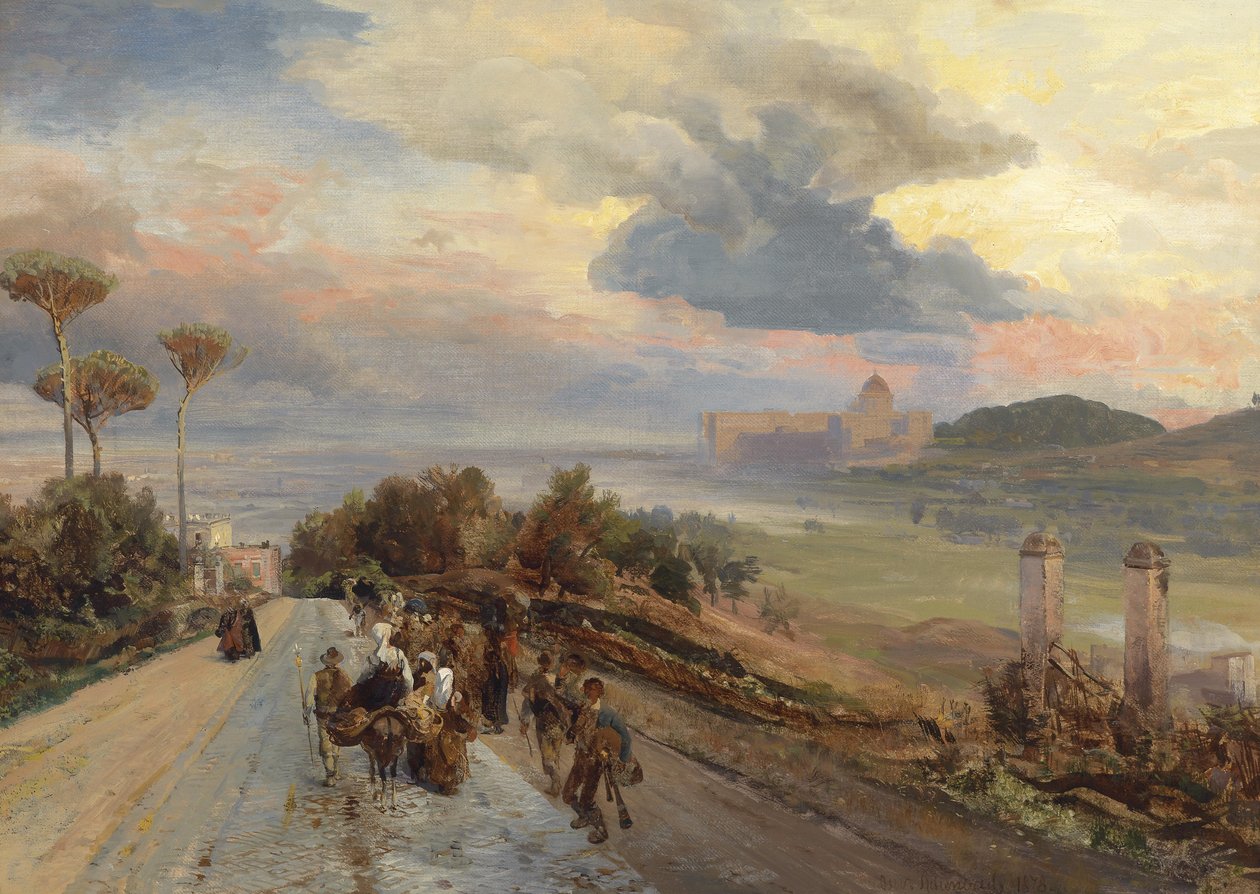 Via Cassia u Říma s výhledem na Vatikán od Oswald Achenbach