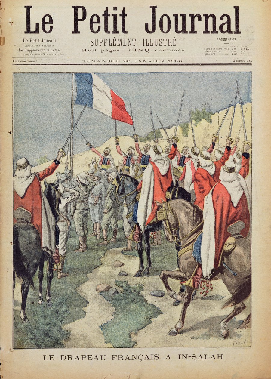 Francouzská vlajka v In-Salah, 10. ledna 1900, titulní strana z „Le Petit Journal“, 28. ledna 1900 (barevná rytina) od Oswaldo Tofani