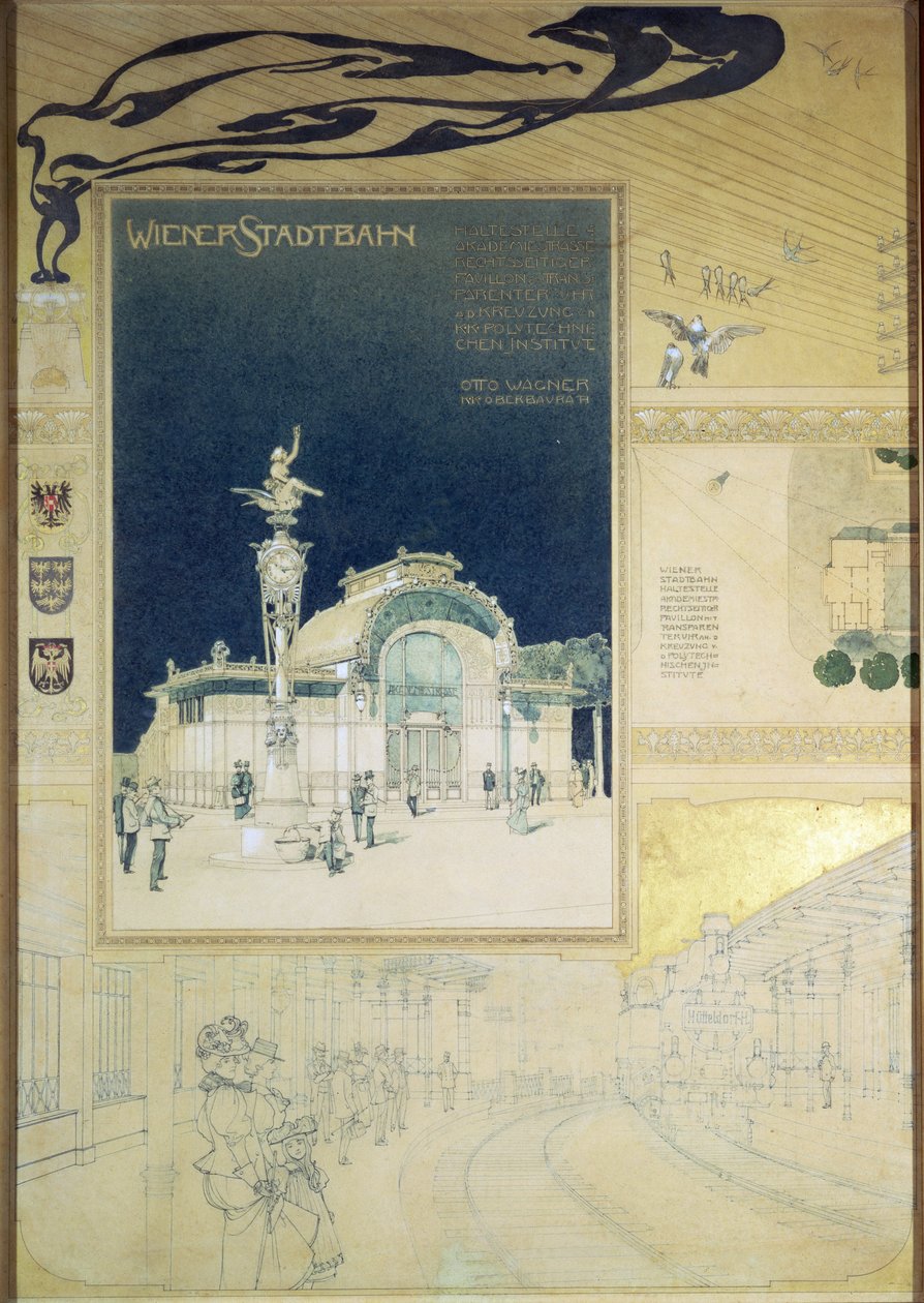Pavilon Stadtbahn vídeňské podzemní dráhy, návrh znázorňující exteriér a pohled na železniční nástupiště, cca 1894-97 (barevná tužka) od Otto Wagner