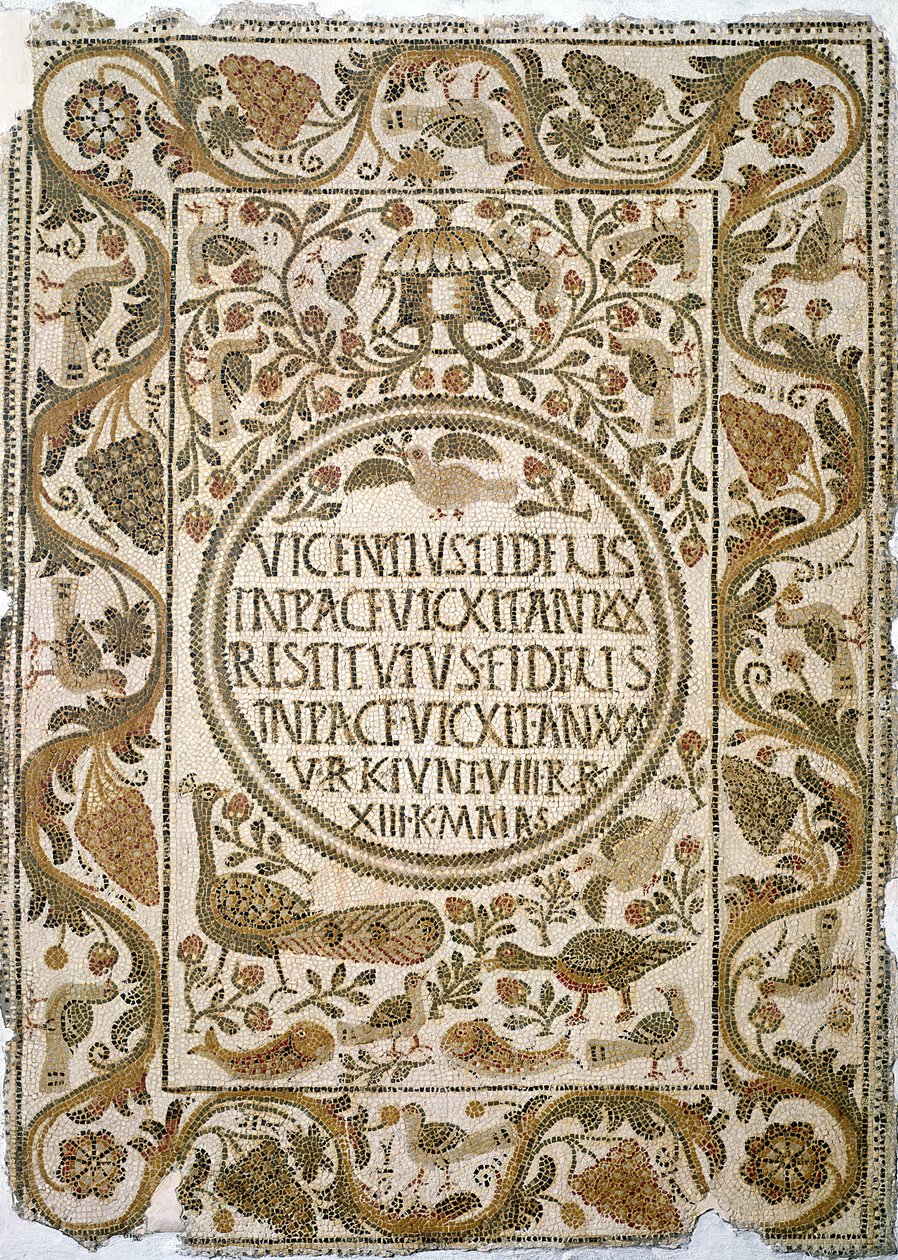 Náhrobek s epitafem, z kostela kněze Felixe, poblíž Kelibie, 4.-5. století (mozaika) od Paleo Christian