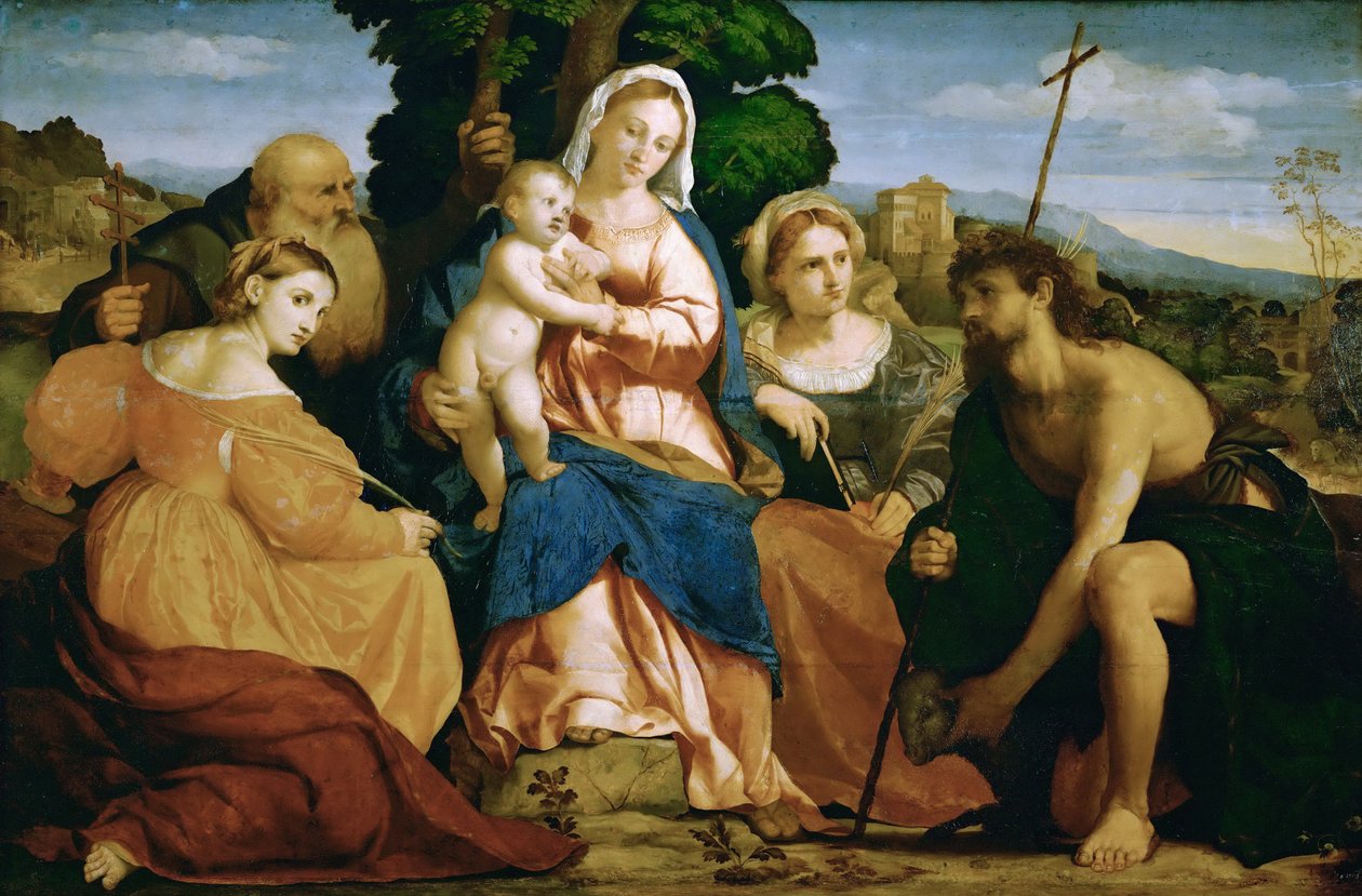 Marie s dítětem a světci Katharina a Coelestin (vlevo) a Johannes d. Křtitel a Barbara (vpravo) od Palma il Vecchio