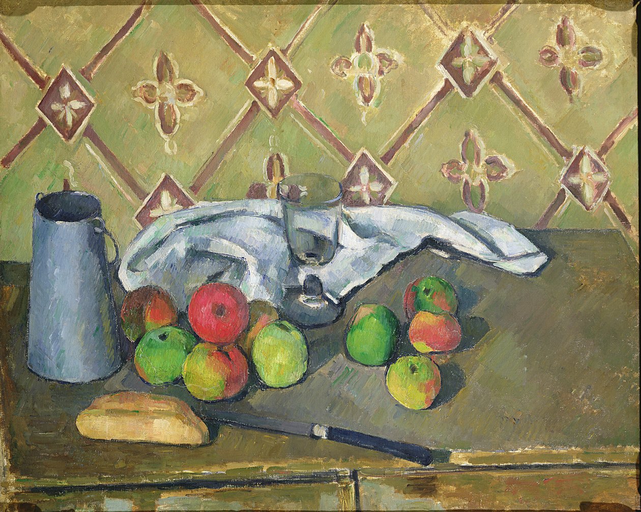Ovoce, ubrousek a džbán na mléko, c.1879-82 od Paul Cézanne
