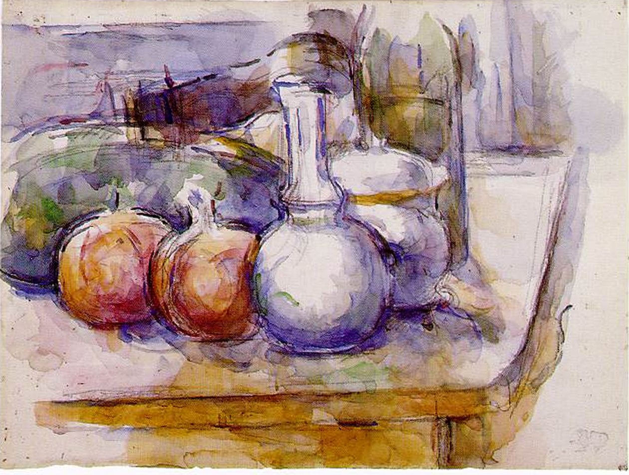 Zátiší: karafa, láhev, granátová jablka, vodní meloun, 1900-06 (wc a černá křída na papíře) od Paul Cézanne