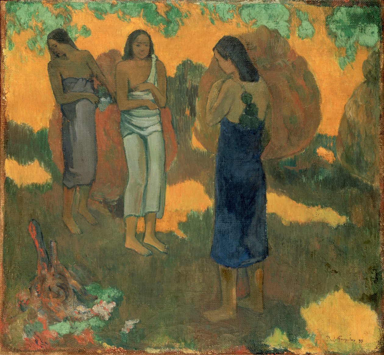 Tři tahitské ženy na žlutém pozadí od Paul Gauguin