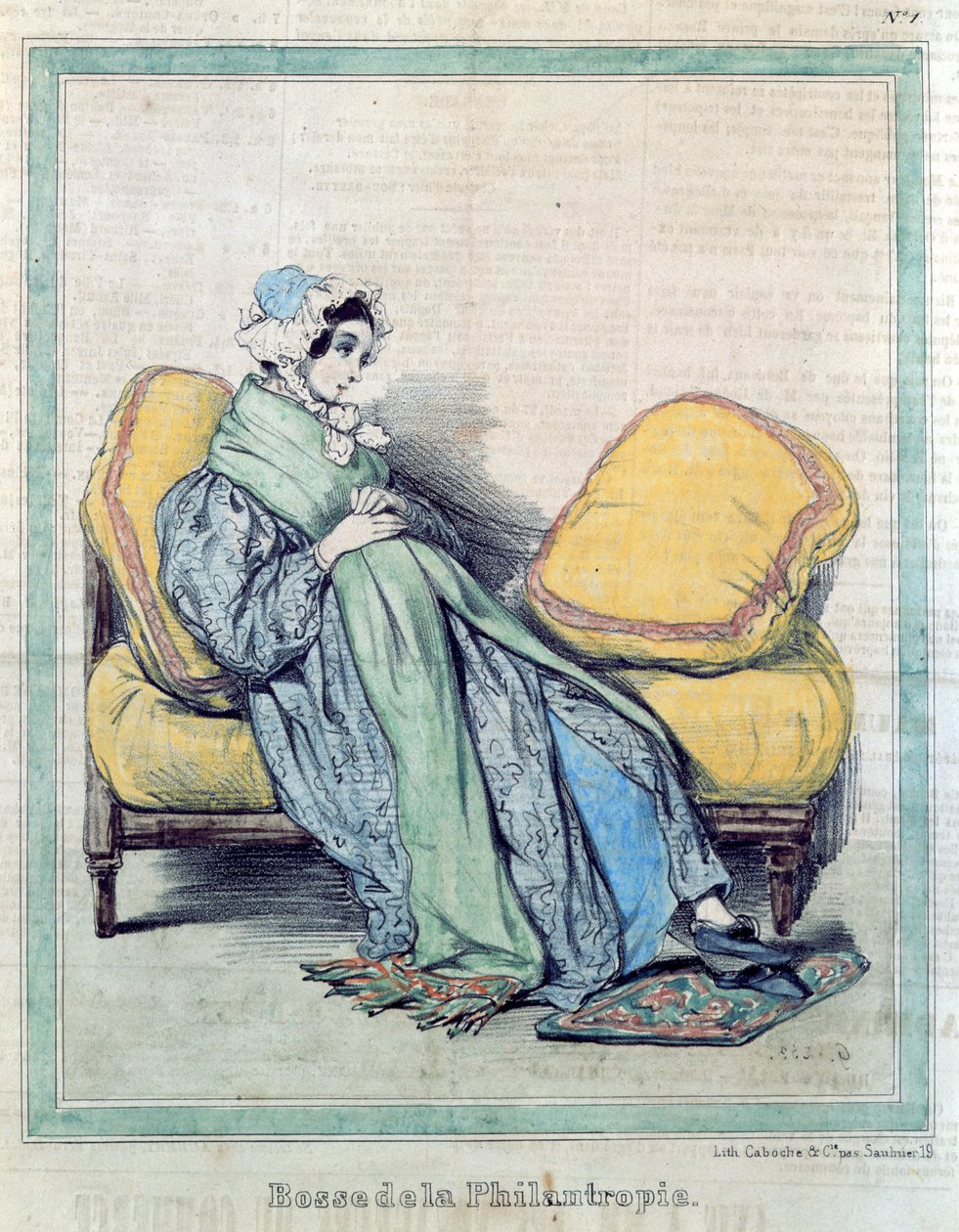 Těhotná žena, Bump of Philanthropy, karikatura z „Le Charivari“, kolem roku 1840 od Paul Gavarni