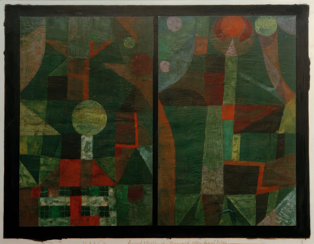 Krajina v zelené s červenými vlastnostmi od Paul Klee