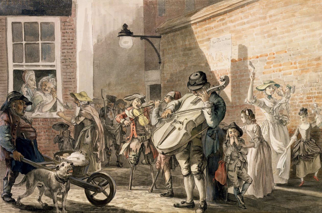 Potulní hudebníci hrající v chudé části města od Paul Sandby