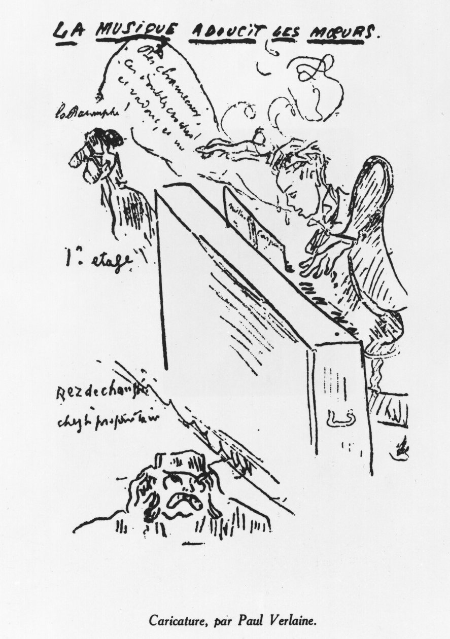 „Hudba obměkčuje morálku“, Arthur Rimbaud (1854-91) hraje na klavír od Paul Verlaine
