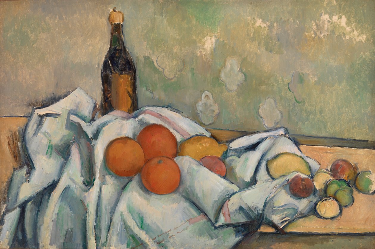 Láhev a ovoce od Paul Cézanne