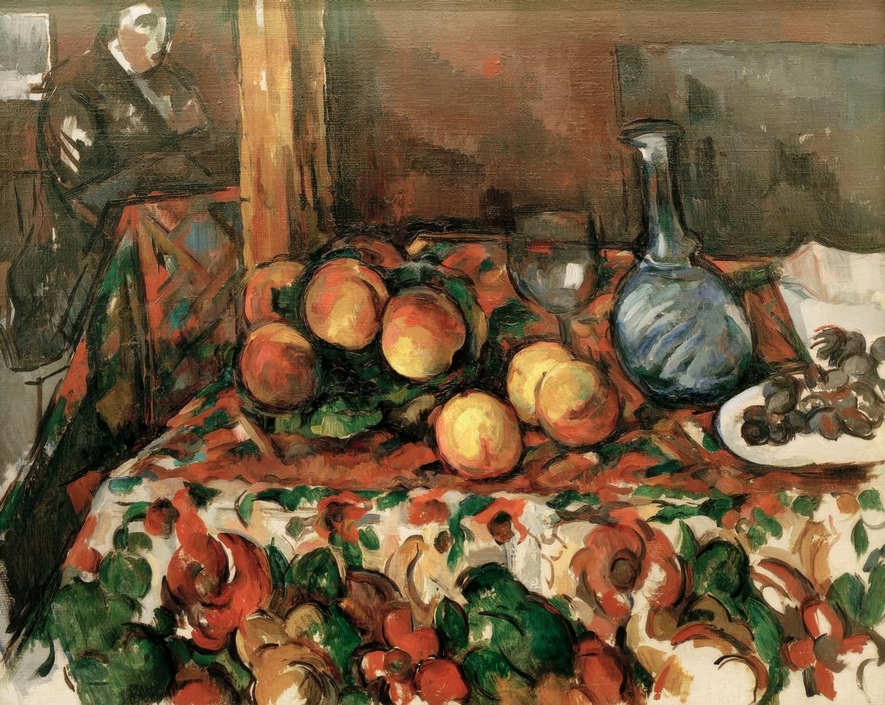 Broskve, karafa a charakter od Paul Cézanne