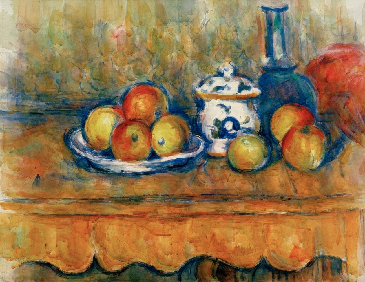 Jablka, karafa a cukřenka od Paul Cézanne