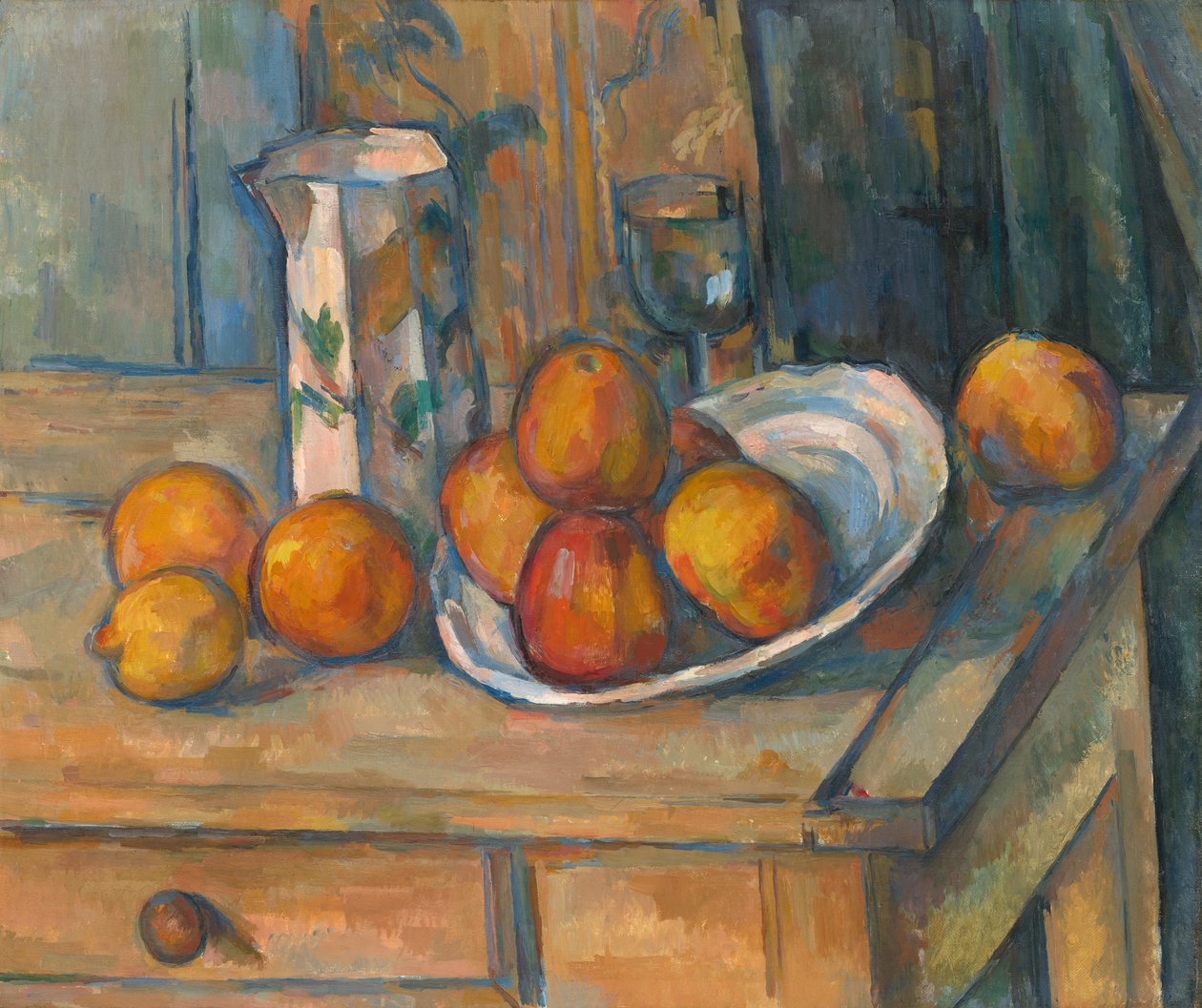 Zátiší s mlékem a ovocem od Paul Cézanne