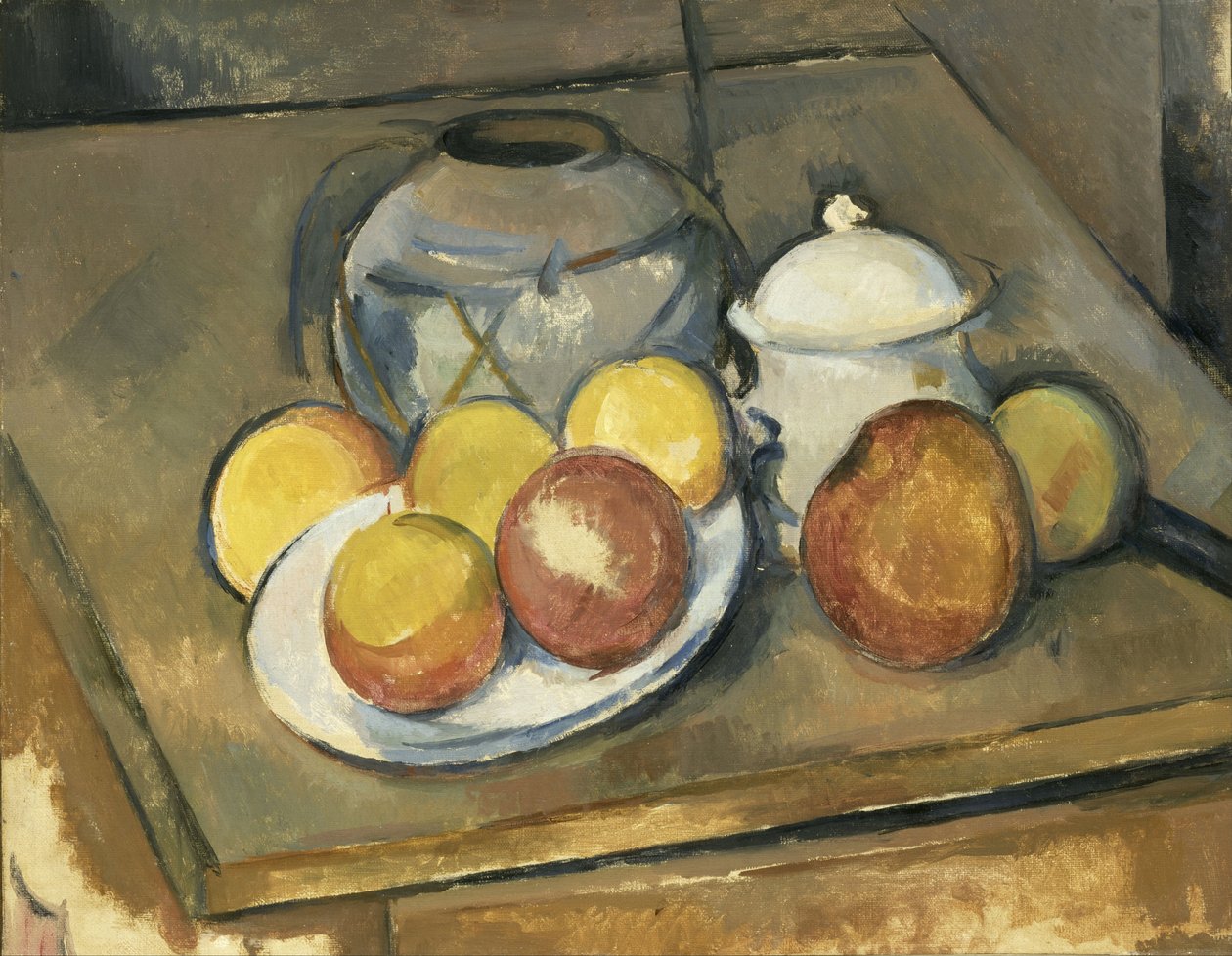 Váza, cukřenka a jablka od Paul Cézanne