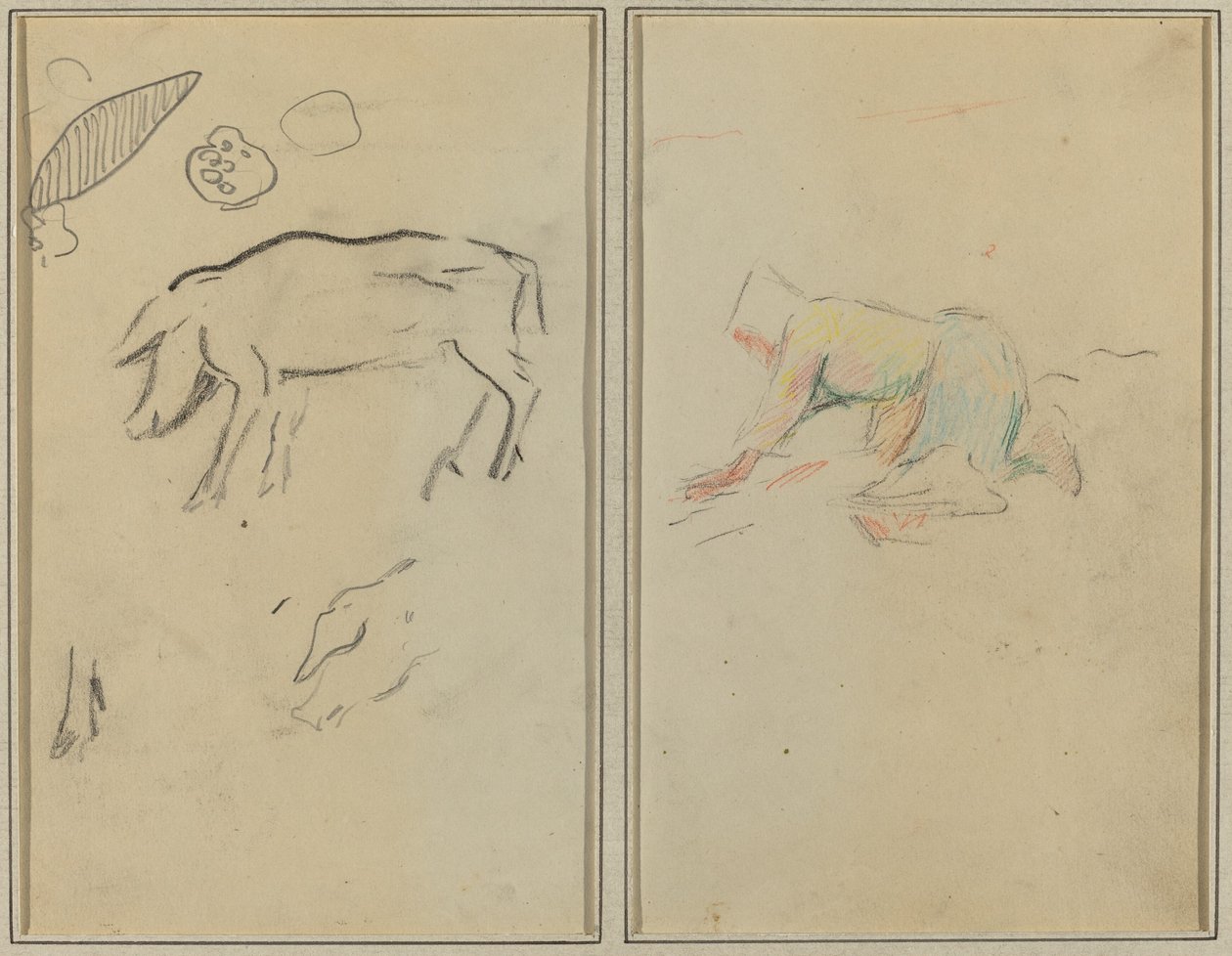 Prase; Bretonský rolník klečící [verso] od Paul Gauguin