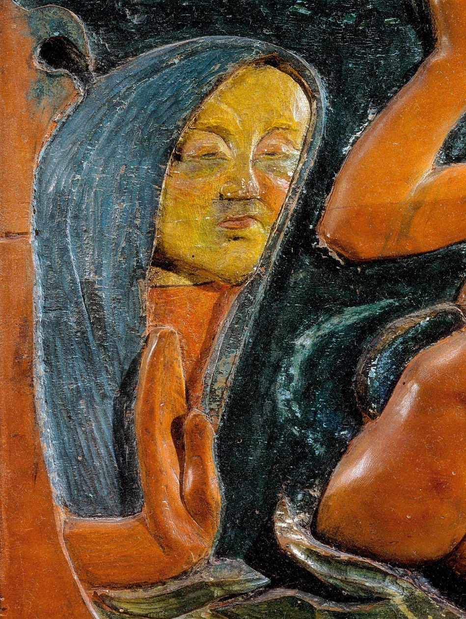 Buď tajemný (detail) 1890 (polychromovaná dřevěná řezba) od Paul Gauguin