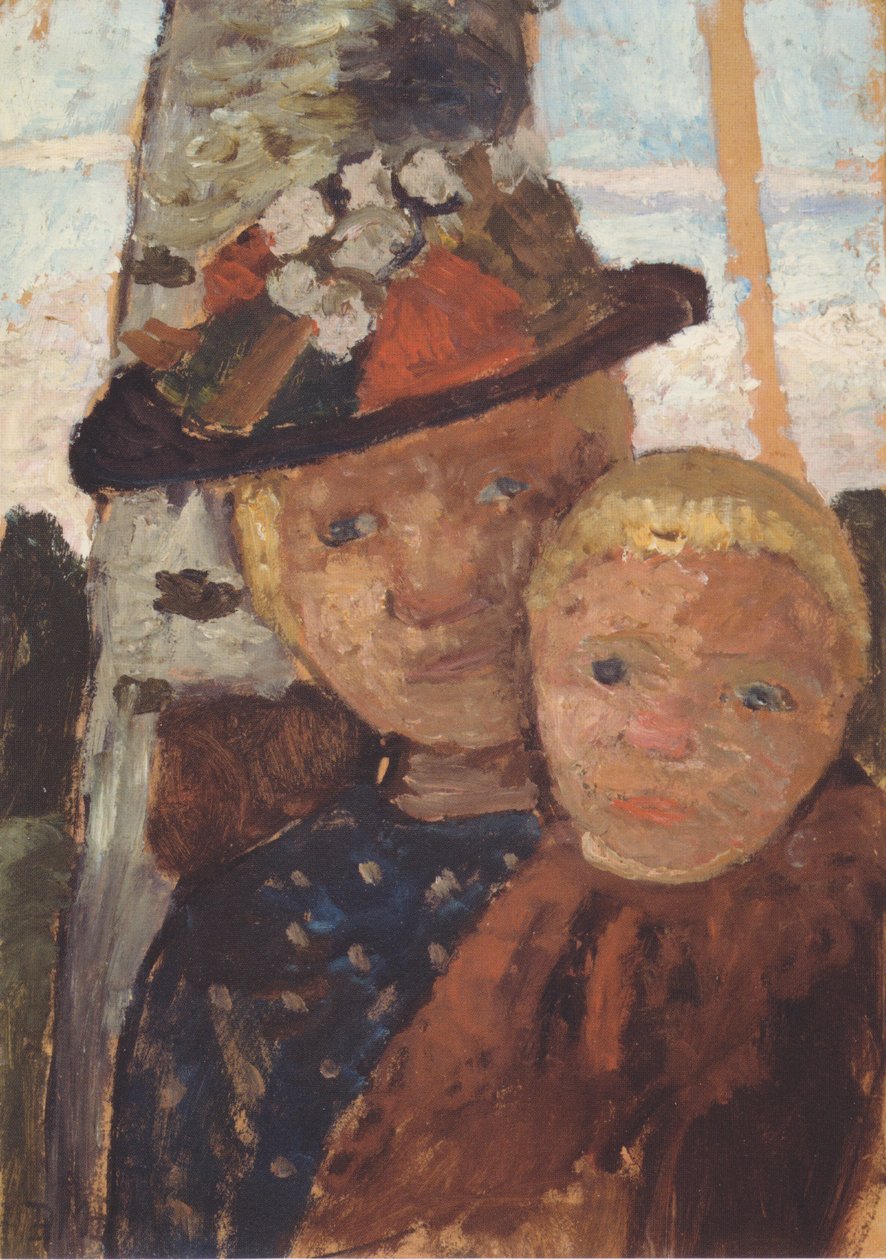 Poloviční portrét dívky s květinovým kloboukem a chlapce od Paula Modersohn Becker