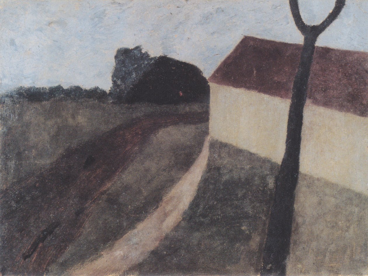 Soumraková krajina s domem a vidličkou větve od Paula Modersohn Becker