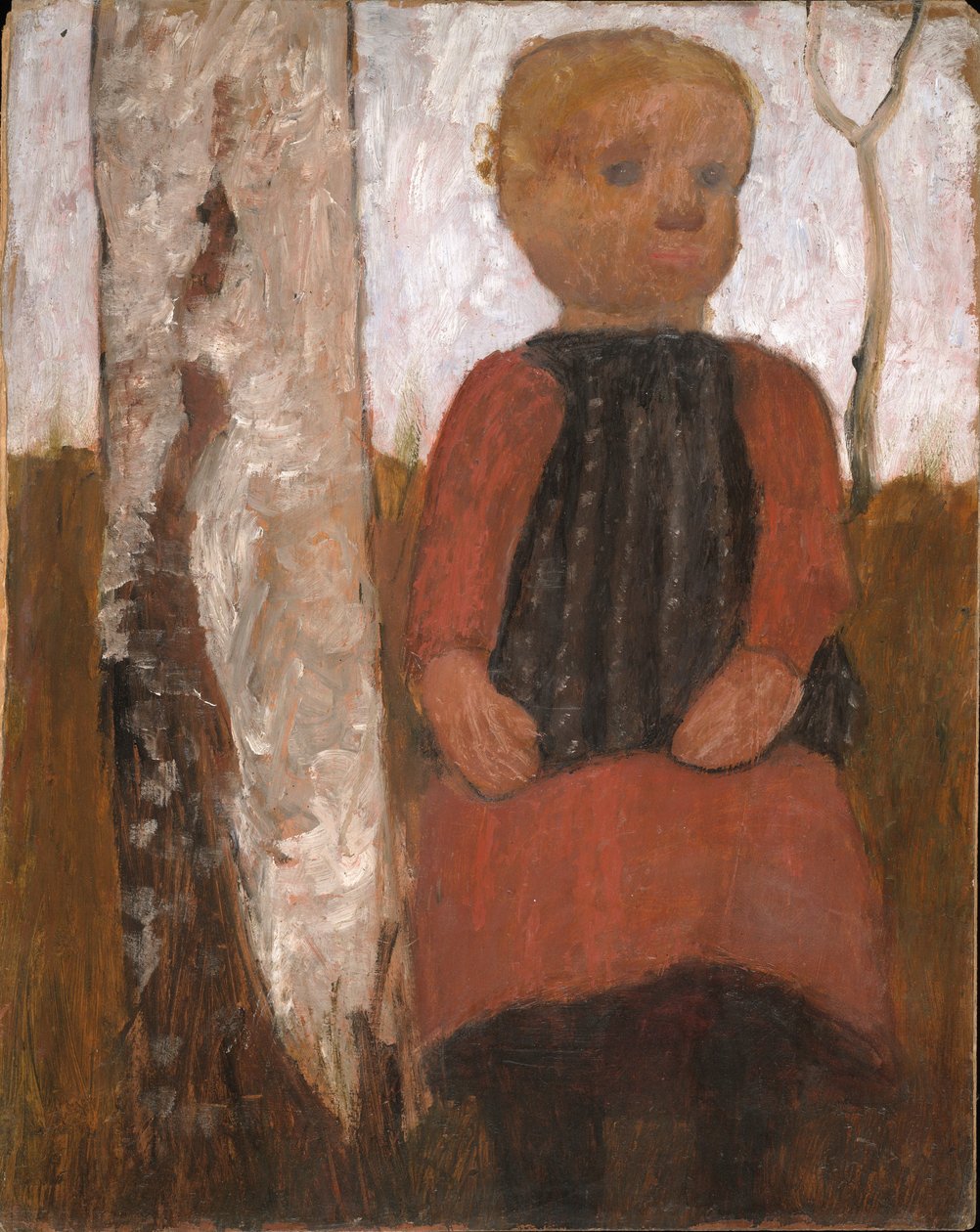 Dítě v červených šatech na kmeni břízy od Paula Modersohn Becker