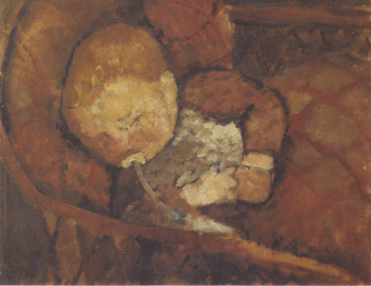 Dítě s lahví na krmení v kolébce od Paula Modersohn Becker