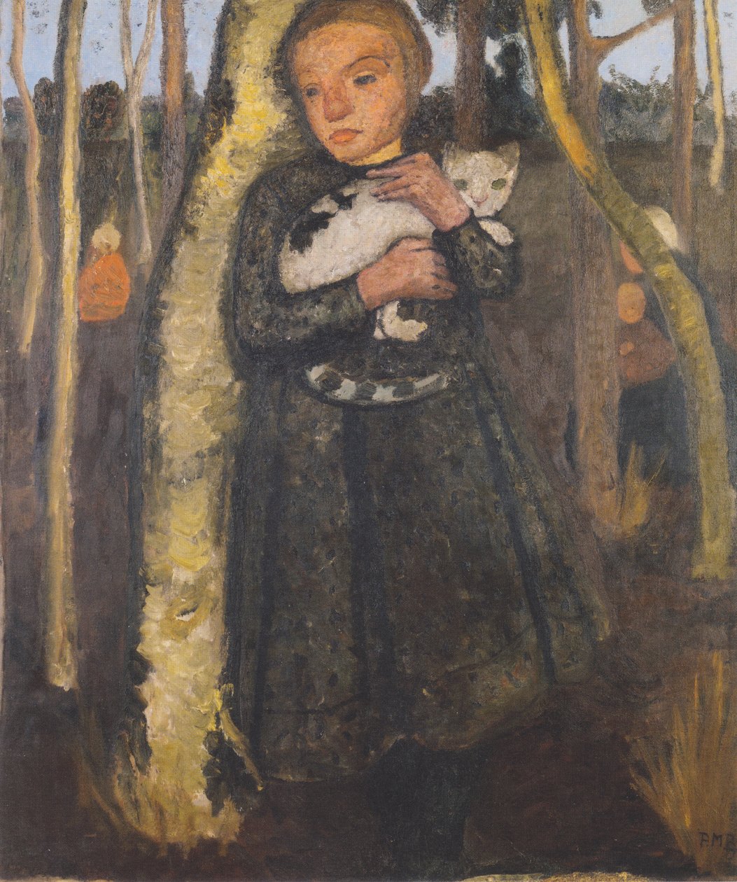 Dívka v březovém lese s kočkou od Paula Modersohn Becker