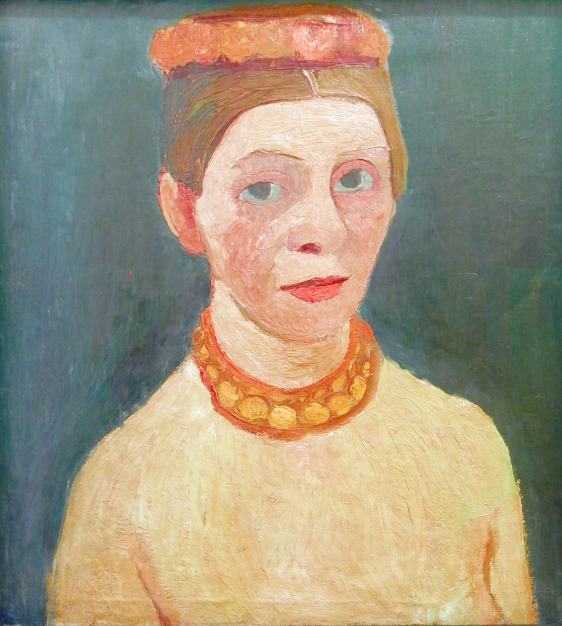 Autoportrét s červeným věncem z květin a řetězem od Paula Modersohn Becker