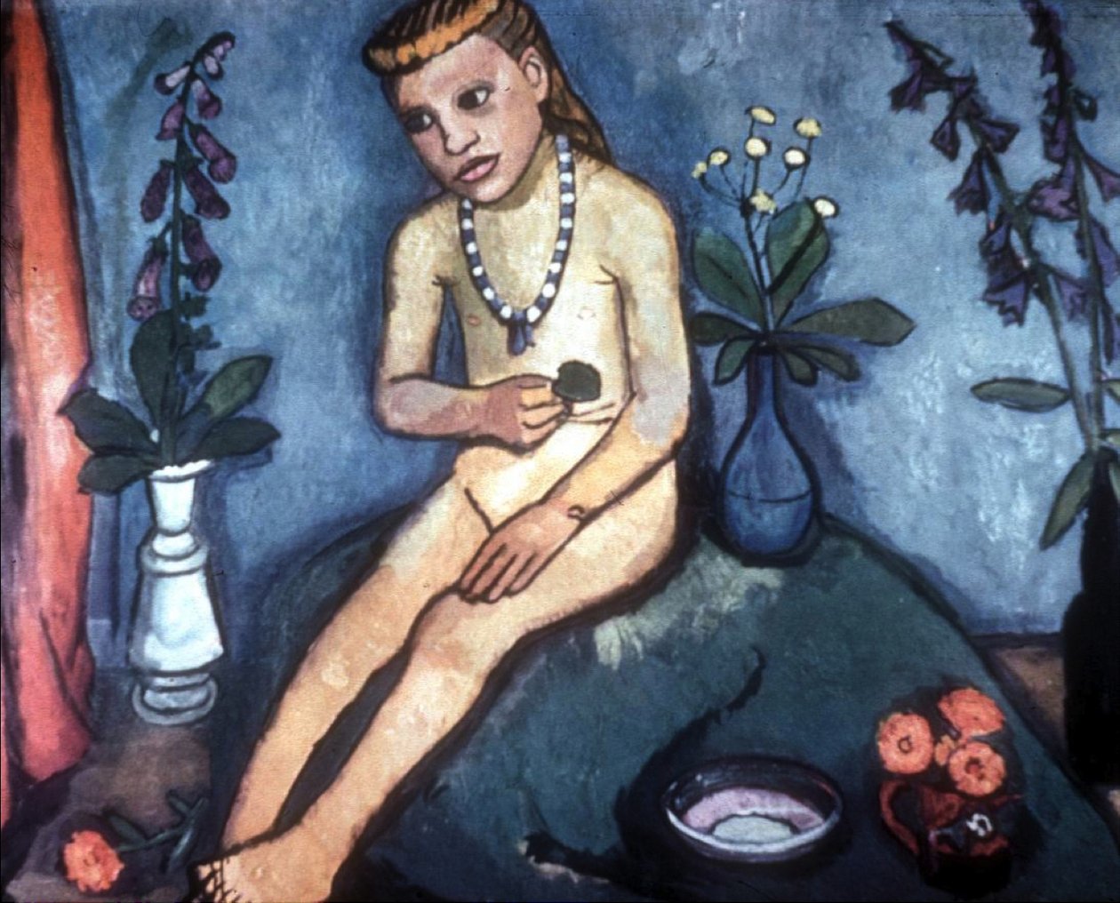 Sedící nahá dívka s vázami s květinami od Paula Modersohn Becker