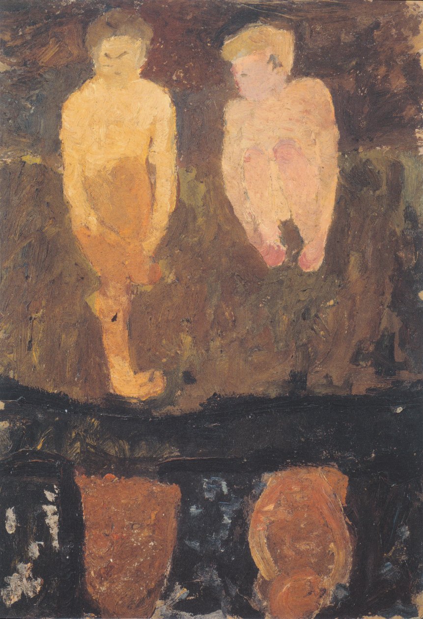 Dva nahí chlapci krčící se na břehu II od Paula Modersohn Becker
