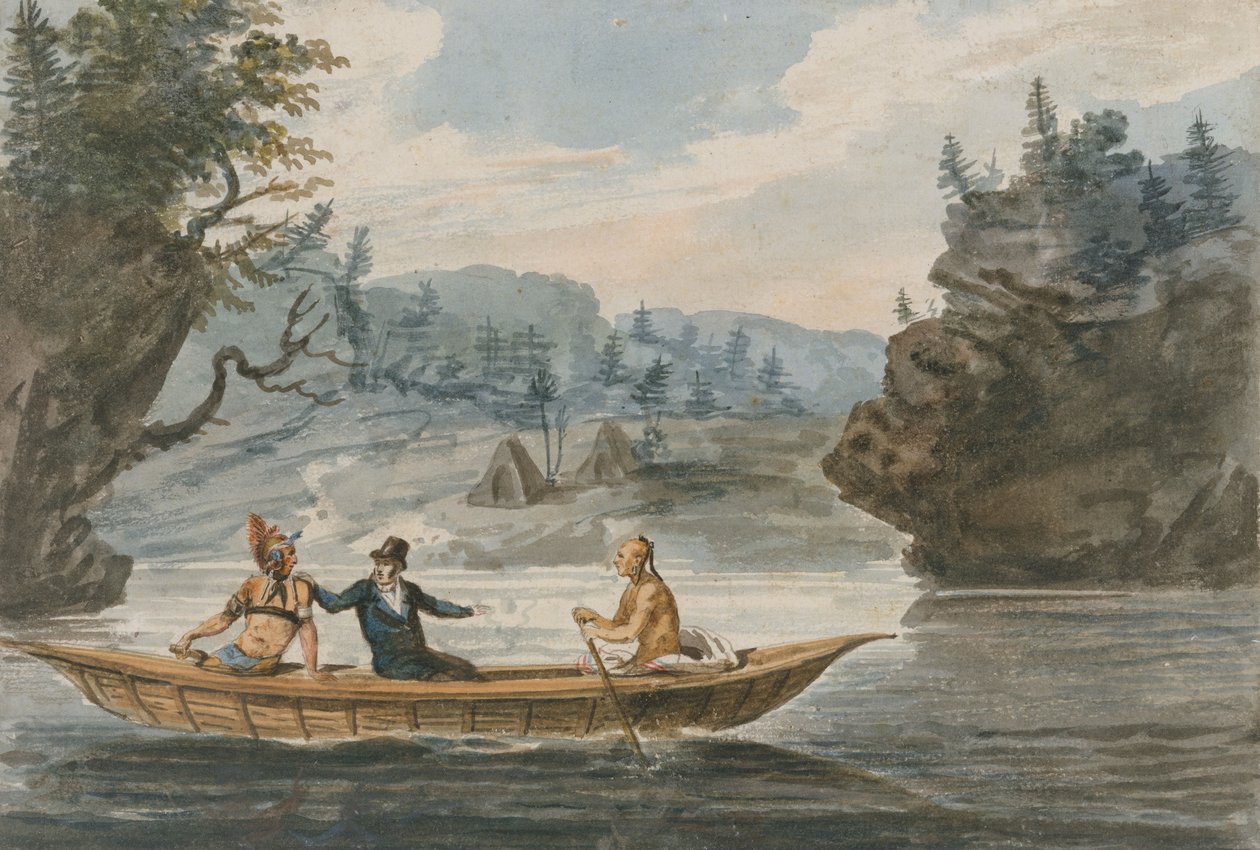 Dva Indiáni a bílý muž na kánoi, 1811-13 od Pavel Petrovich Svinin
