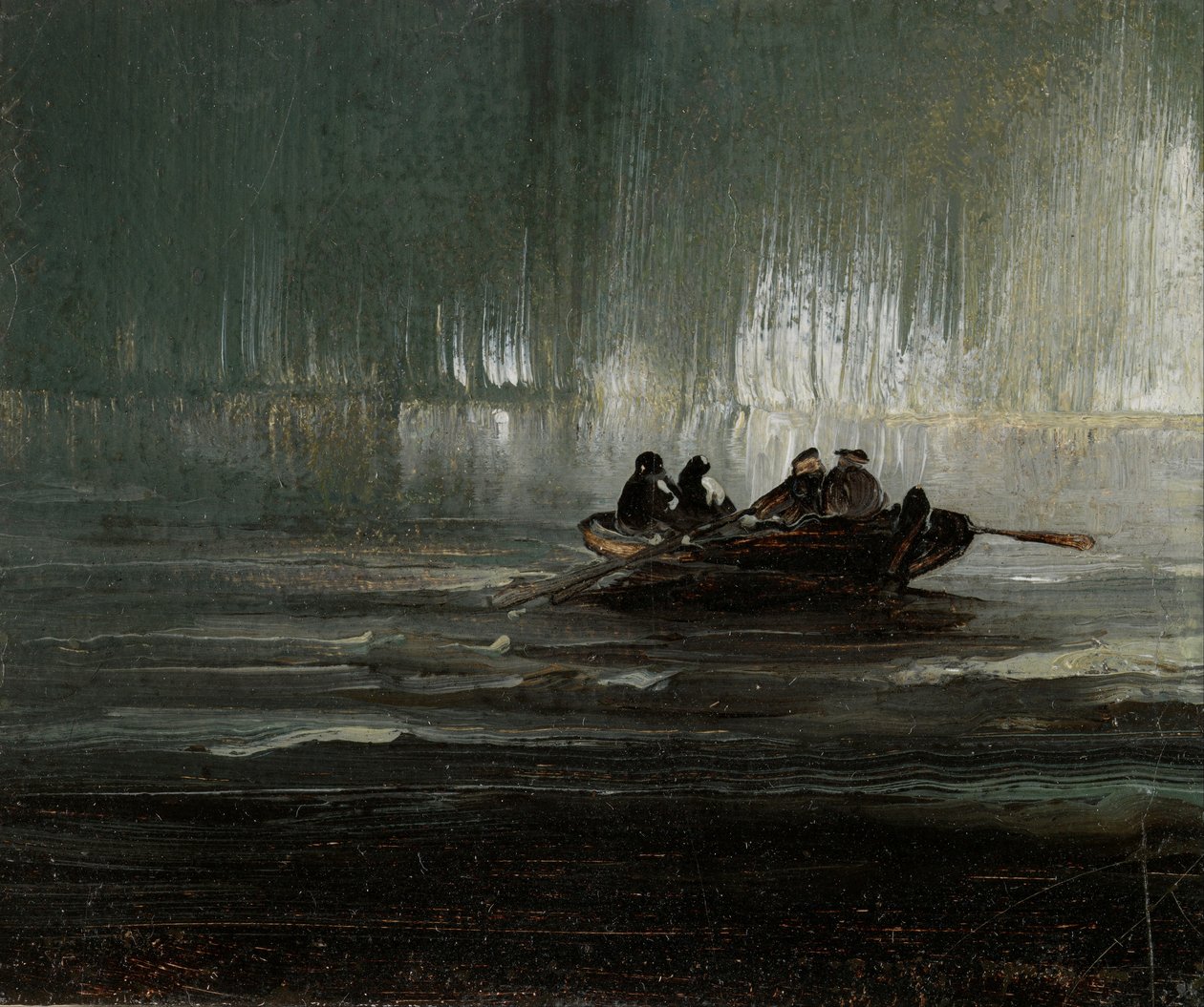 Polární záře nad čtyřmi muži ve veslici od Peder Balke