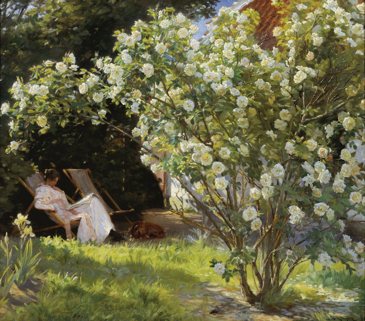 Marie Kroyer sedí na lehátku v zahradě u domu paní Bendsensové od Peder Severin Krøyer