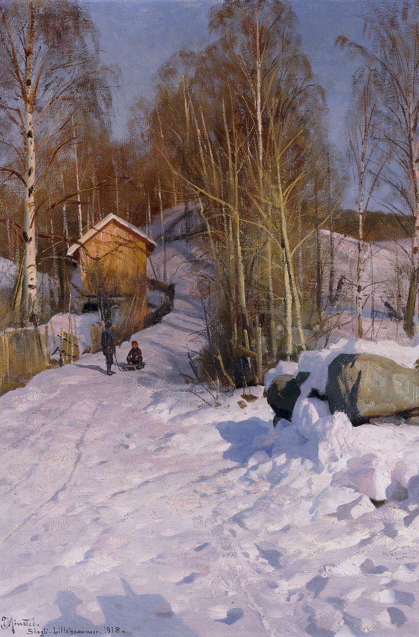 Zimní krajina s dětmi sáňkování od Peder Monsted