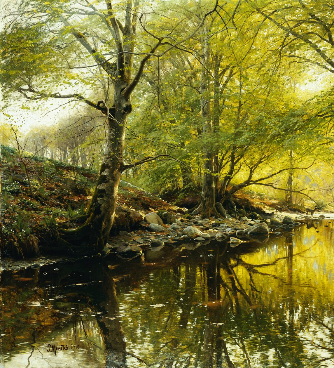 Zalesněná říční krajina od Peder Monsted