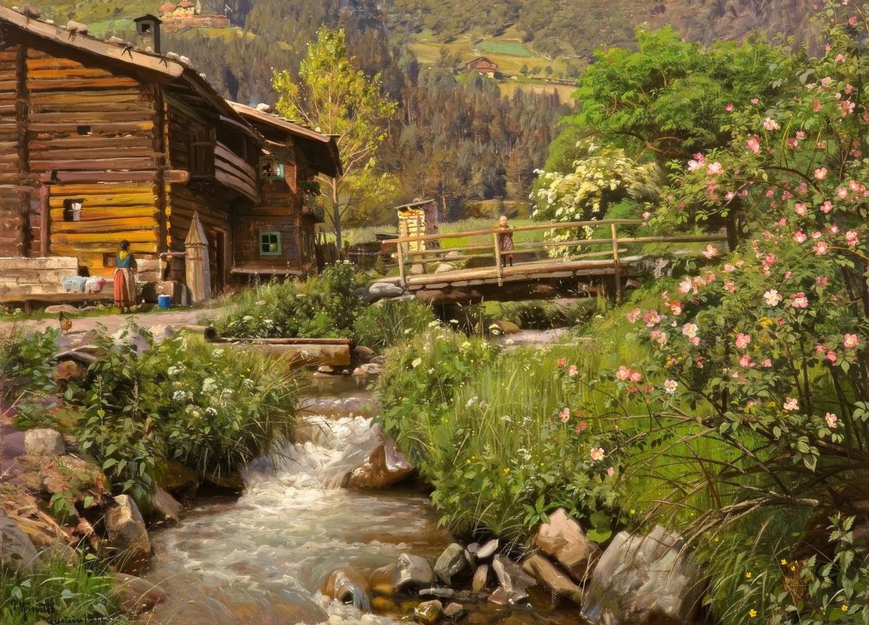 P.Mönsted, horská chata u potoka od Peder Monsted