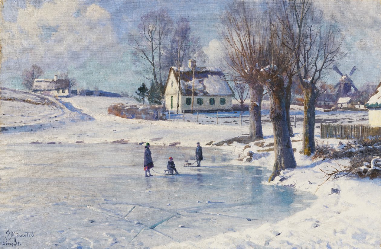 Sáňkování na zamrzlém rybníku od Peder Monsted